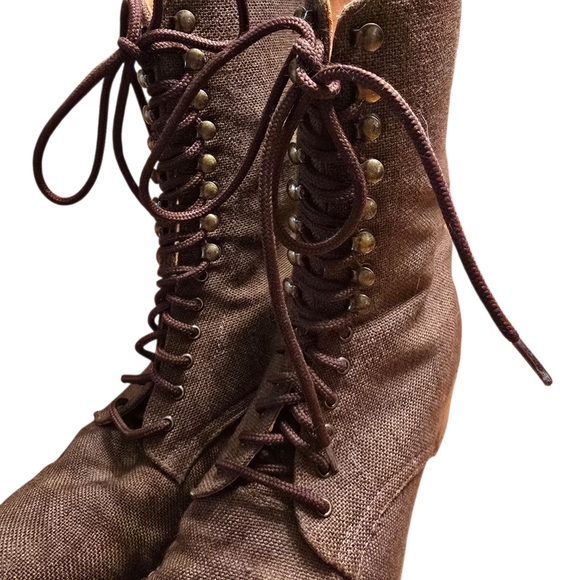 VTG Colin Stuart Brown Canvas Lace Up Boots Leather Sole Chile Sz 8 - Picture 4 of 16